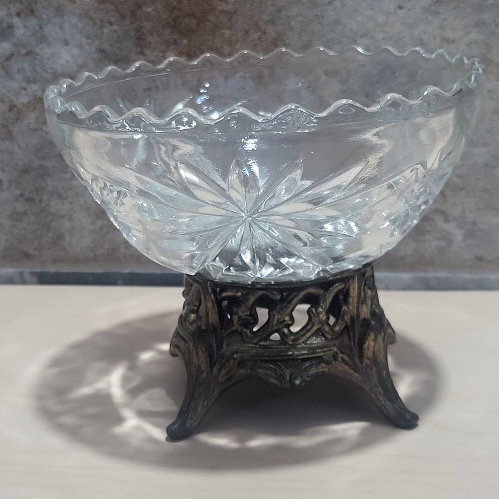 Vintage Clear Glass Compote Dish Metal Base Stand